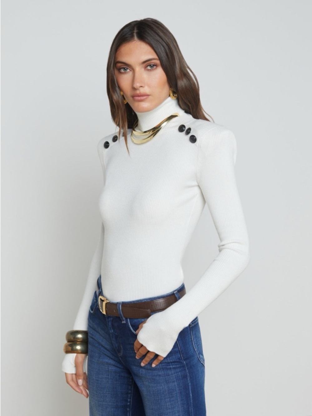 L'AGENCE Preppy Reeves Button Detail Shoulder Pad Turtleneck Sweater Size Medium - Picture 2 of 11
